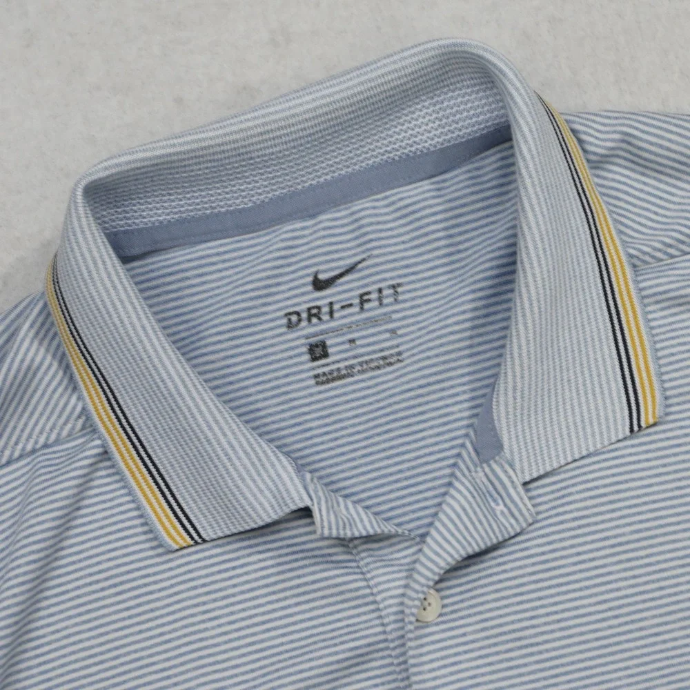 Nike Golf Polo Men M Blue Striped Dri-Fit Short Sleeve Athletic Shirt